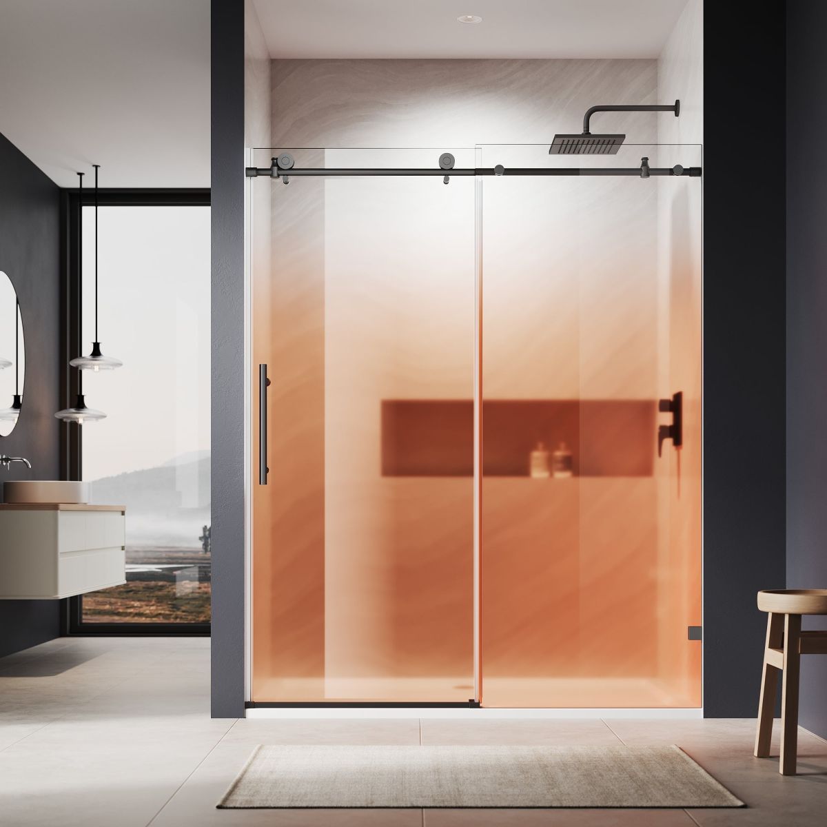 SUNNY SHOWER Custom Gradient Glass Double Sliding Shower Doors, Black Finish / Bright Silver / Brushed Silver (SAVE 47%)