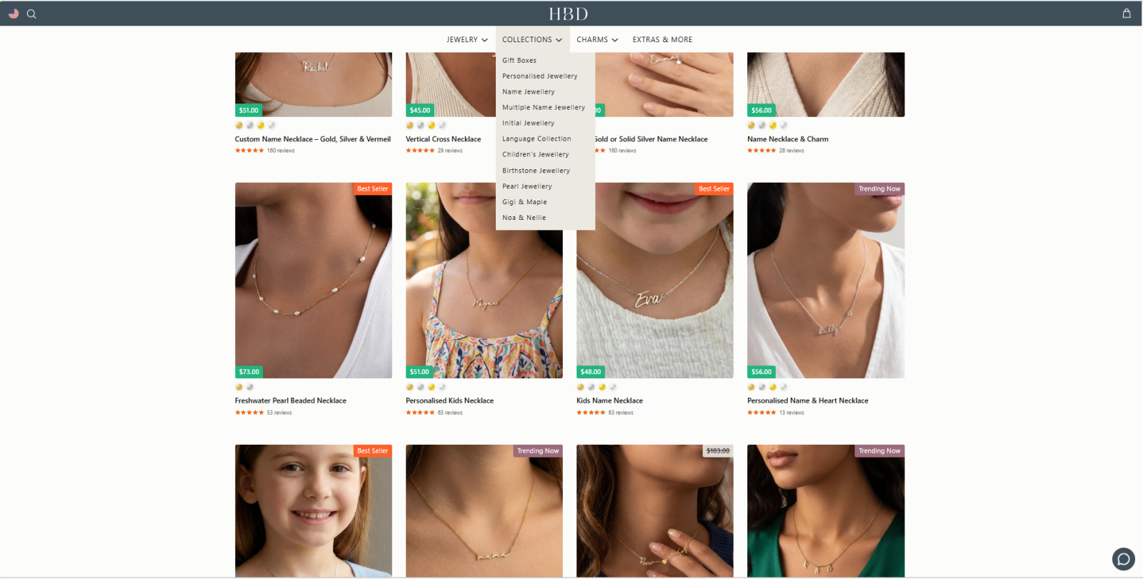 HBD Jewellery collections menu personalised name initial birthstone jewellery categories