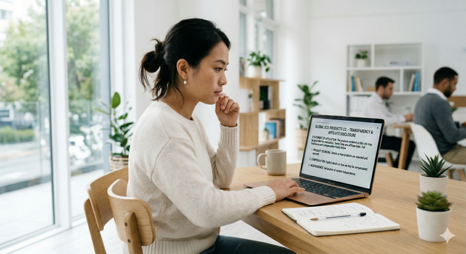 Person carefully reviewing online shopping information on a laptop in a calm, trustworthy setting