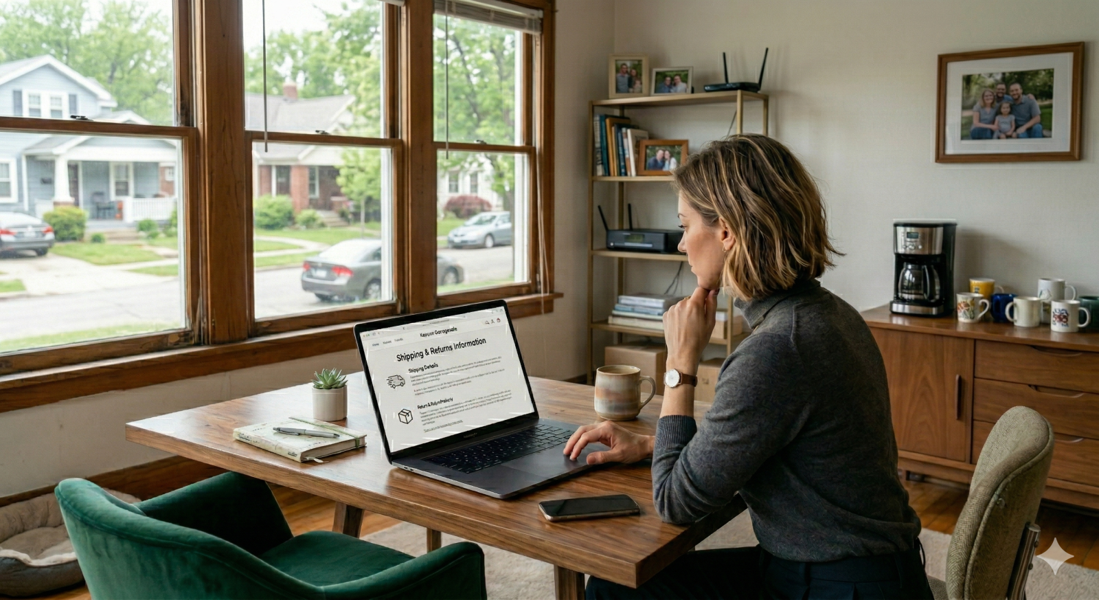 Thoughtful shopper reviewing shipping and returns information on a laptop before making a purchase decision