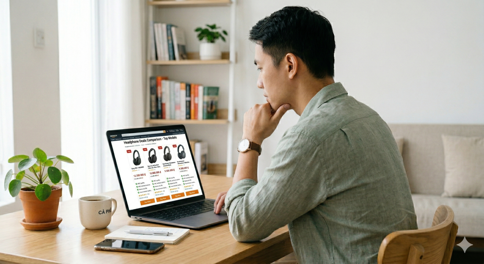 Shopper comparing headphone deals and pricing options on a laptop before making a purchase decision