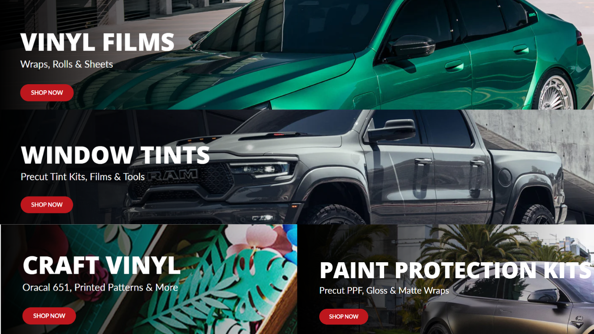 Rvinyl homepage category sections showing Vinyl Films, Window Tints, Craft Vinyl, and Paint Protection Kits for vehicle wraps, tint, and surface customization.