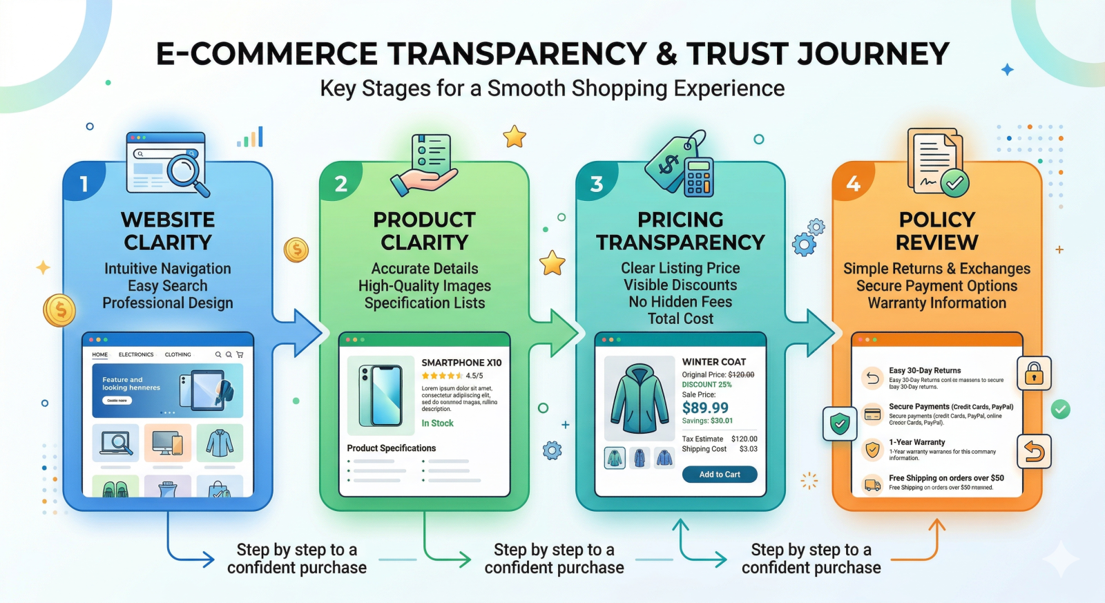 Ecommerce transparency and trust journey infographic showing website clarity, product clarity, pricing transparency, and policy review