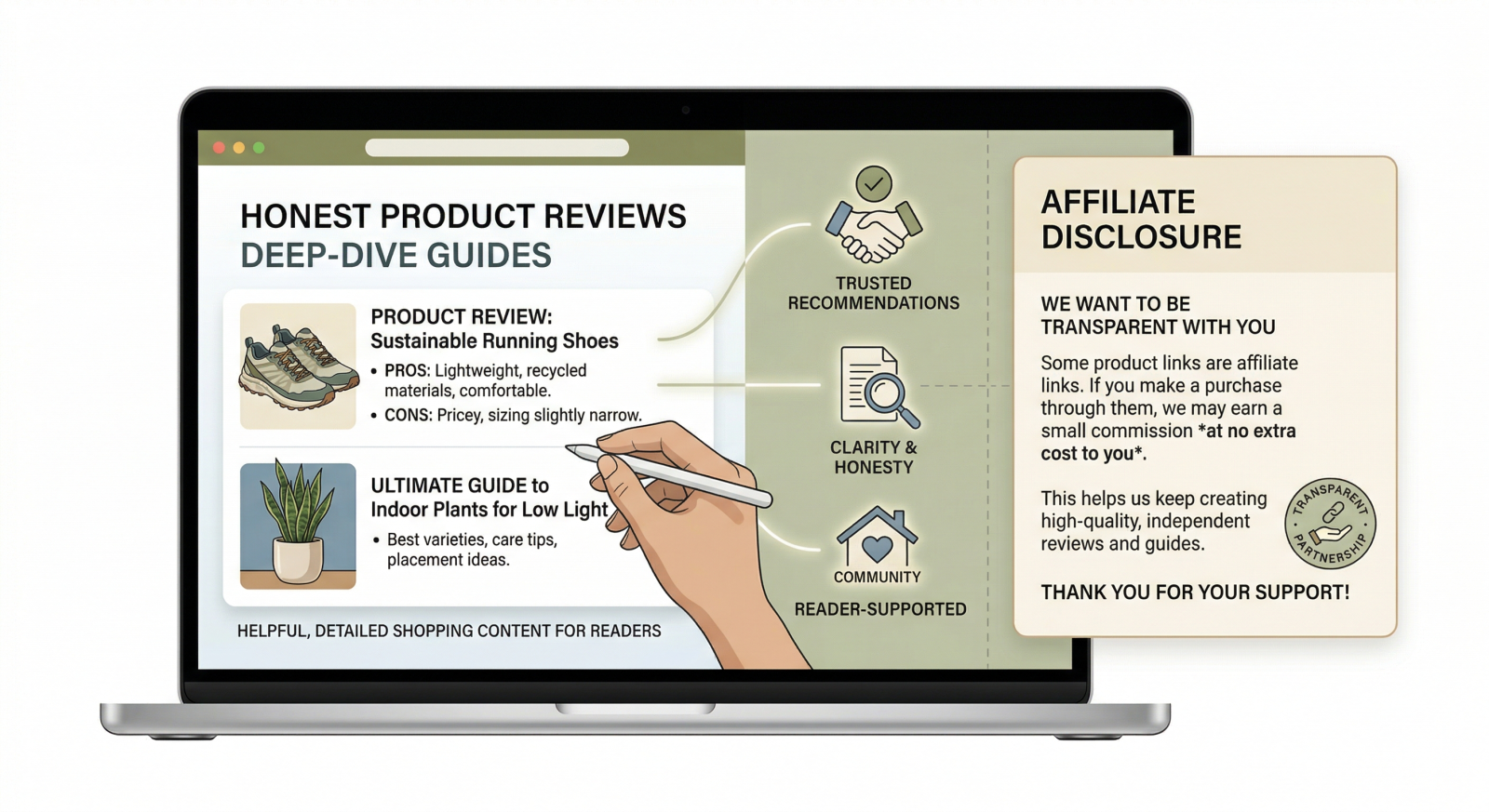 Editorial illustration showing honest shopping content, trusted recommendations, and transparent affiliate disclosure