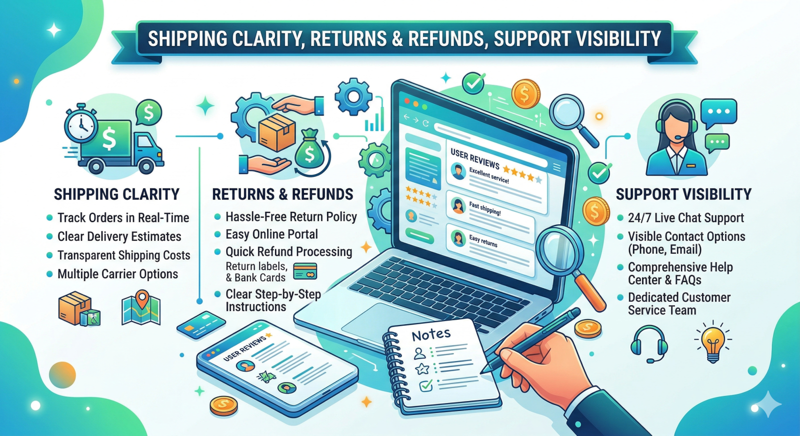 Infographic showing shipping clarity, returns and refunds, and support visibility as key ecommerce trust signals