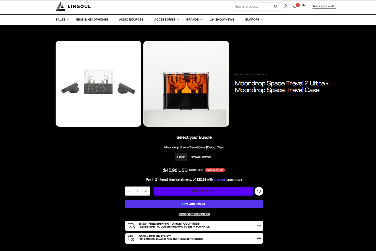 Example of a clear product page showing price, options, add to cart, and shipping and return information