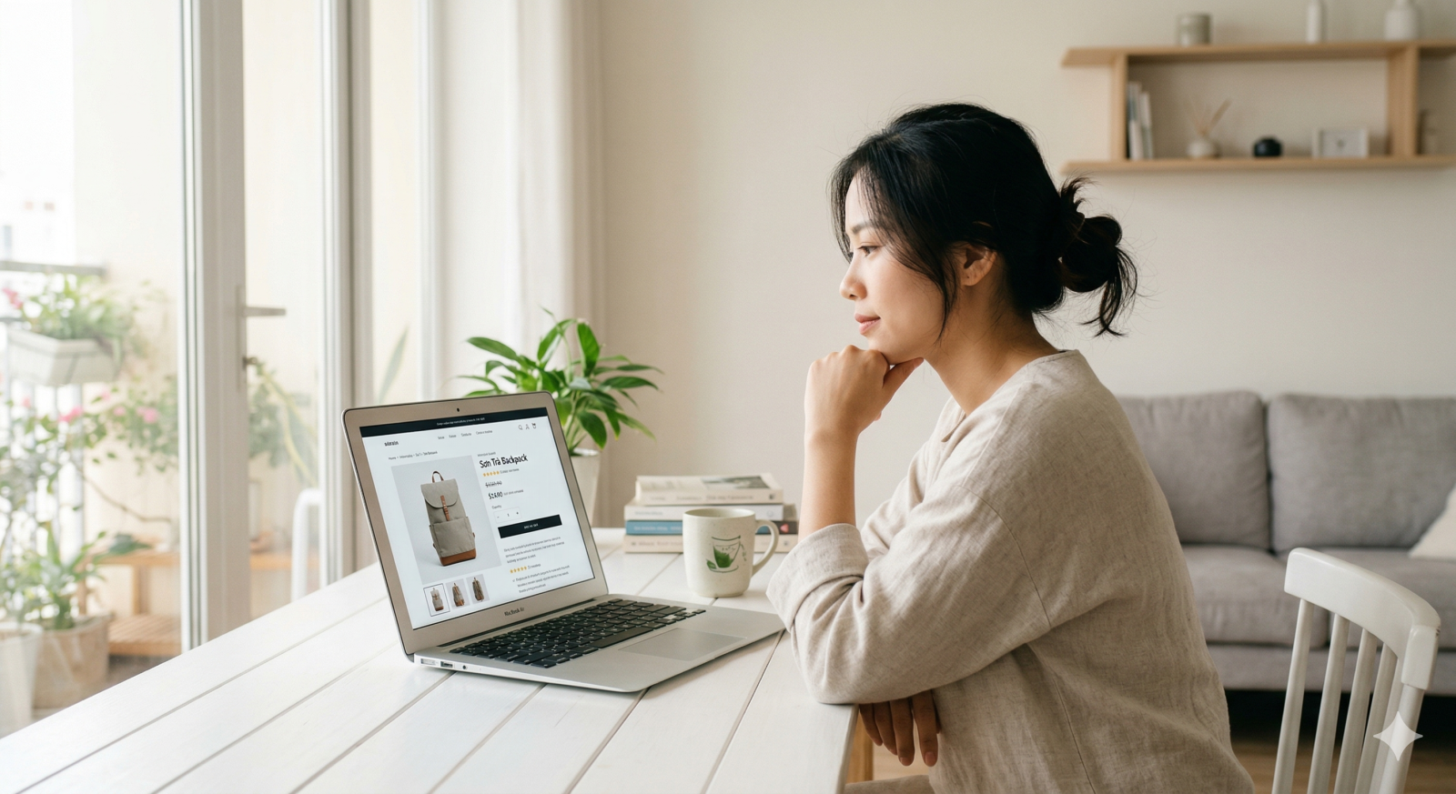 Shopper thoughtfully reviewing a product page on a laptop before making a purchase decision