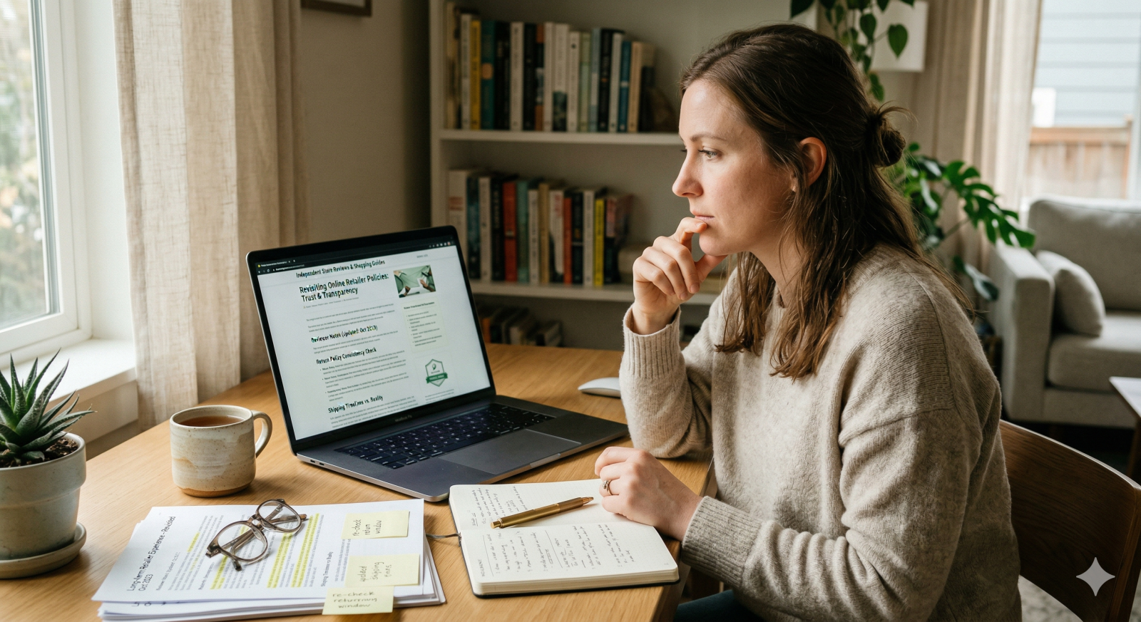 Person carefully revisiting and updating review content on a laptop with notes and printed pages