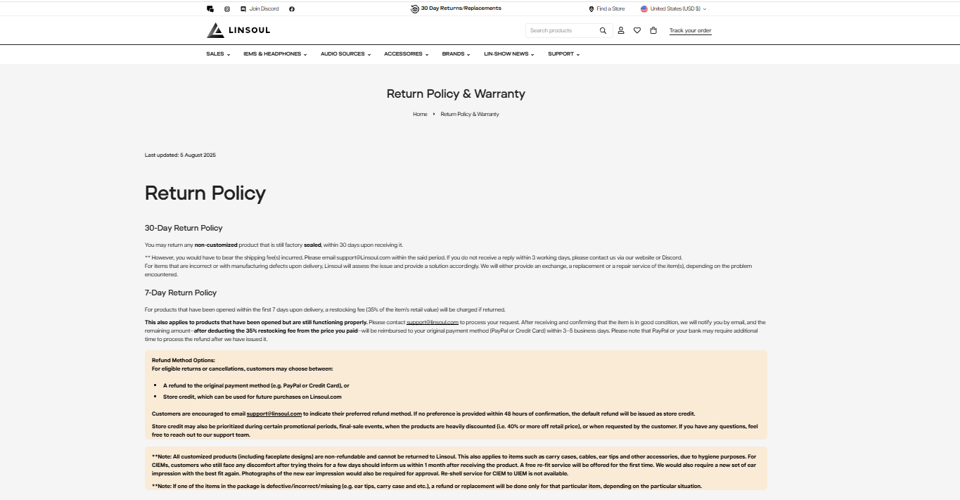 Linsoul return policy and warranty page showing return terms, refund options, and support information