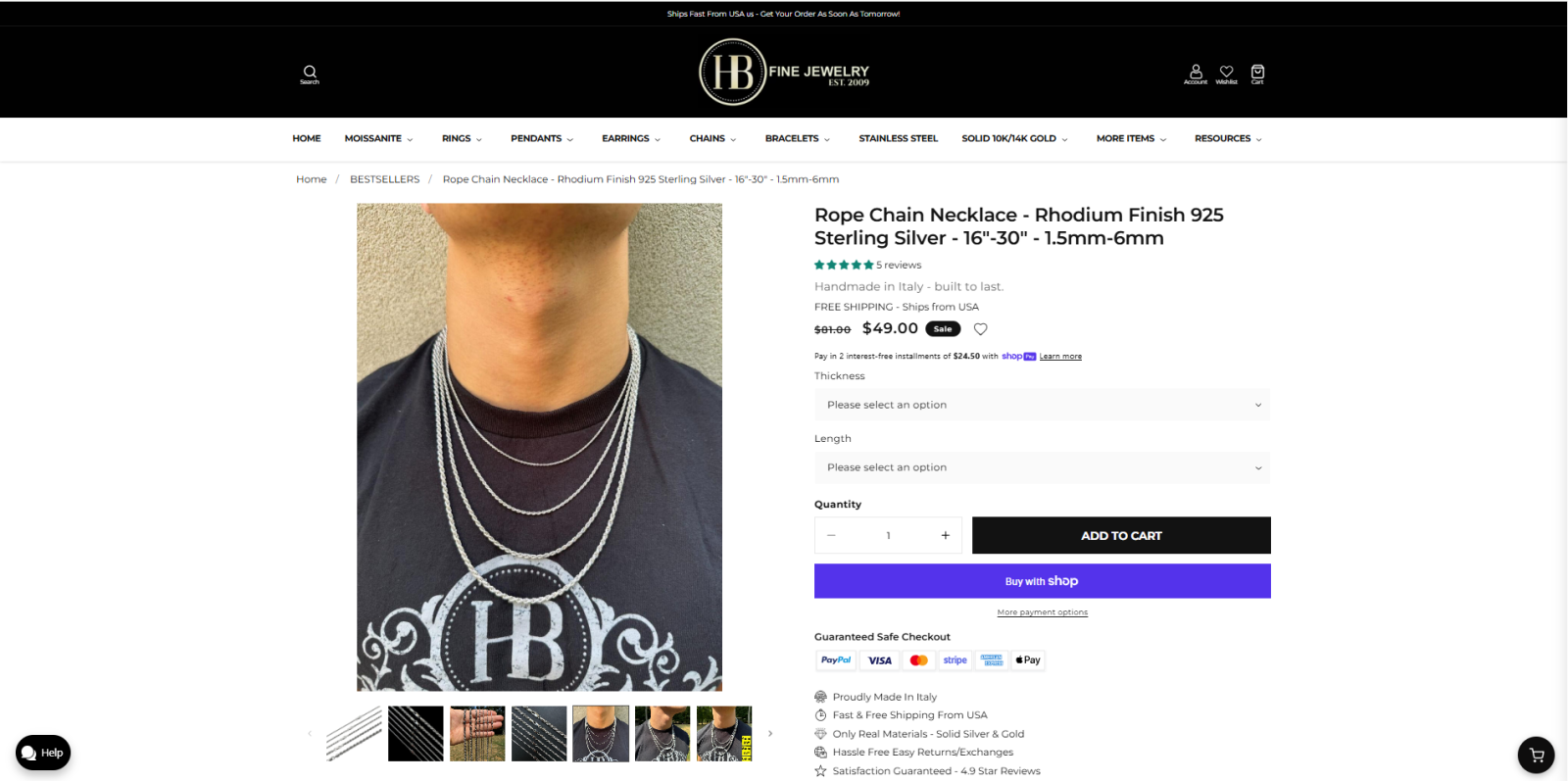 Harlembling rope chain necklace sterling silver product page with price and styling