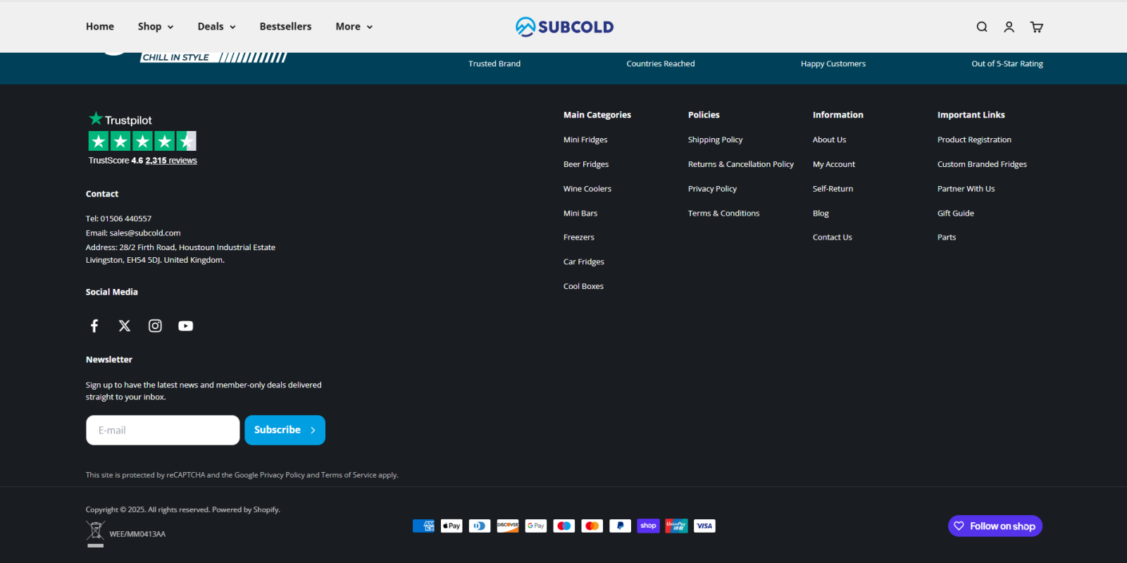 Ecommerce website footer showing Trustpilot reviews, contact information, policies, and secure payment methods indicating strong trust signals