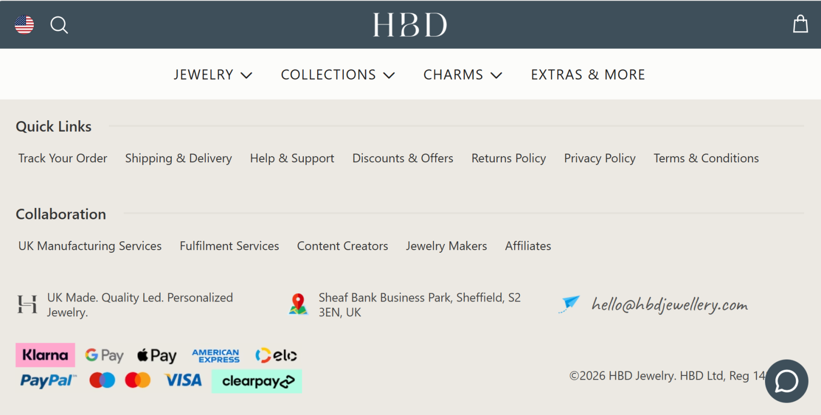 A website footer showing payment methods, company information, and policies that help build trust before completing a purchase.