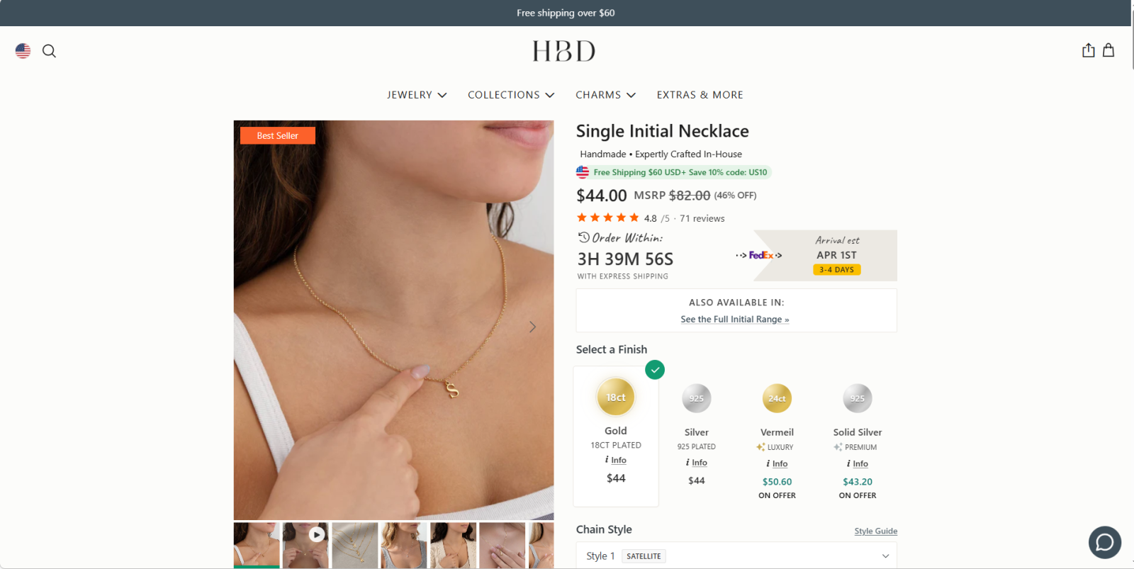 HBD Jewellery product page single initial necklace price reviews free shipping delivery details