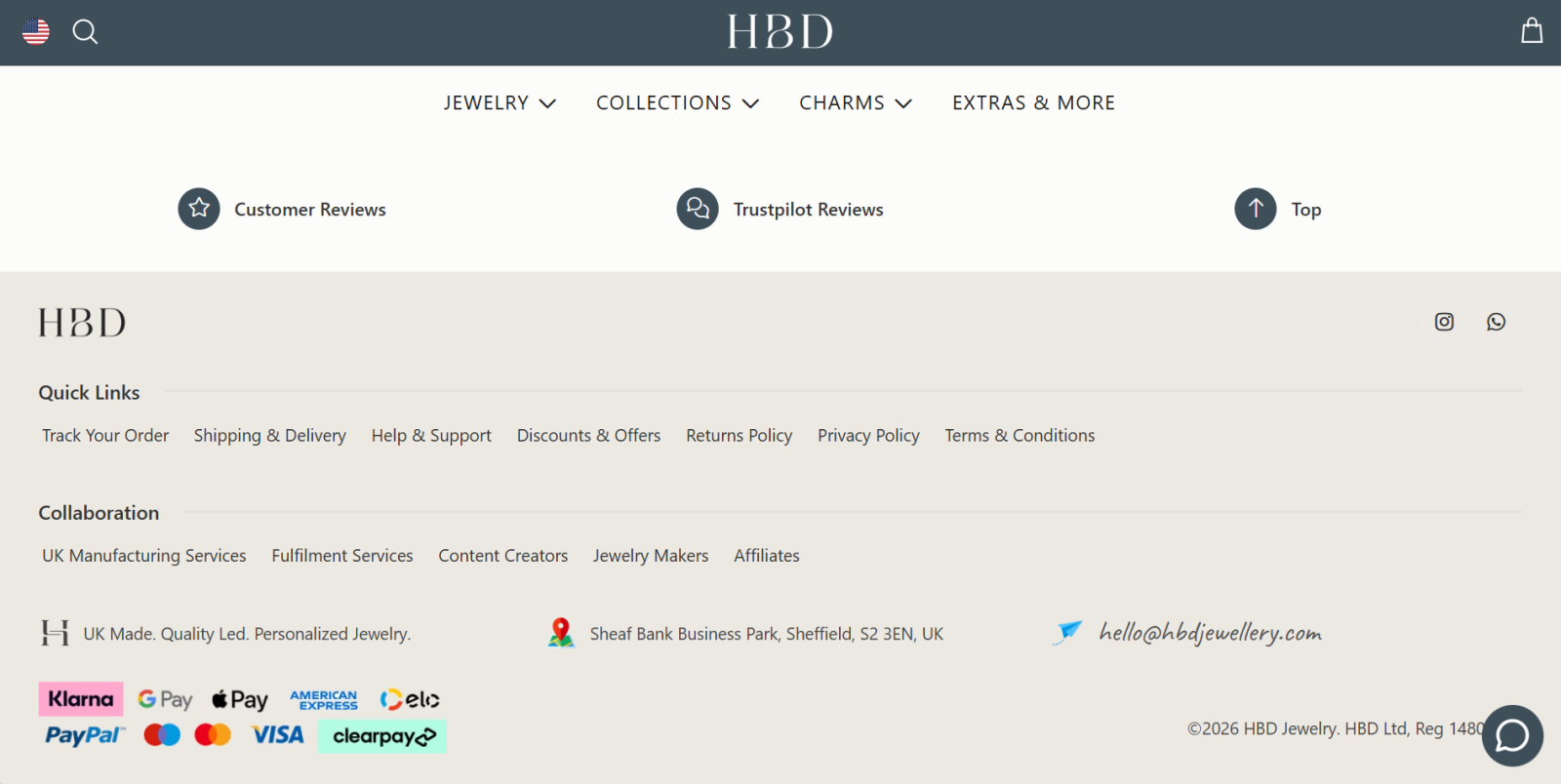HBD Jewellery footer contact email address shipping returns policy payment methods trust information