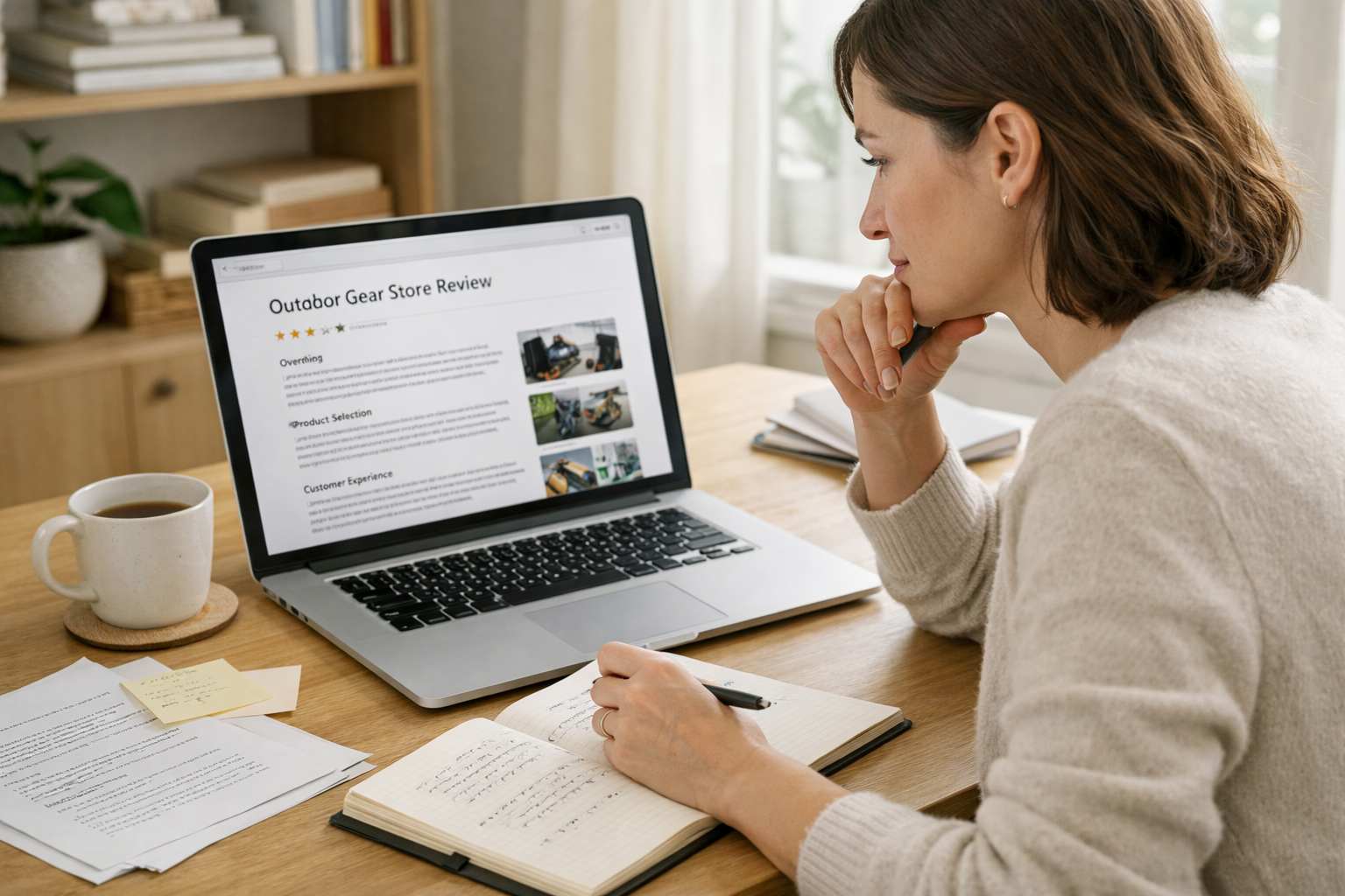 Person carefully reviewing a store review page on a laptop while taking notes