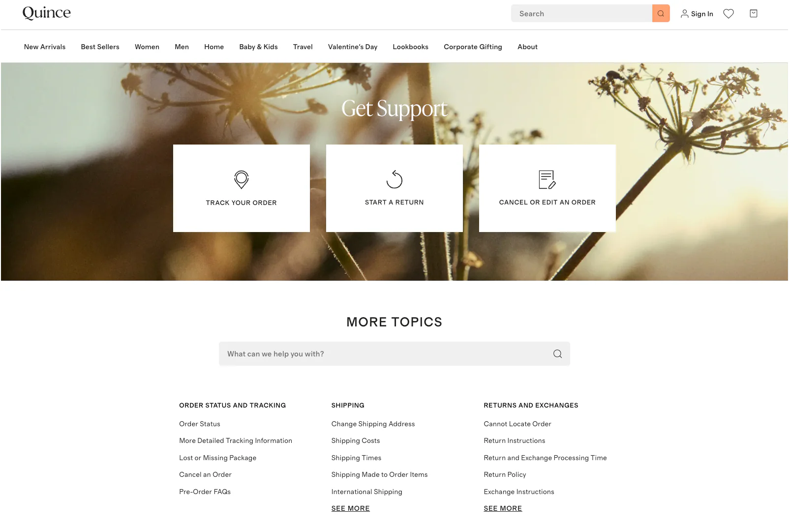 online store support page showing order tracking return and customer service options
