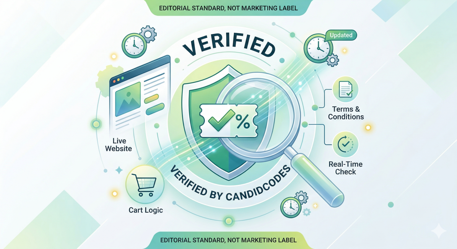 Verified coupon editorial standard infographic showing live website checks, cart logic, terms and conditions, and real-time verification by Candidcodes