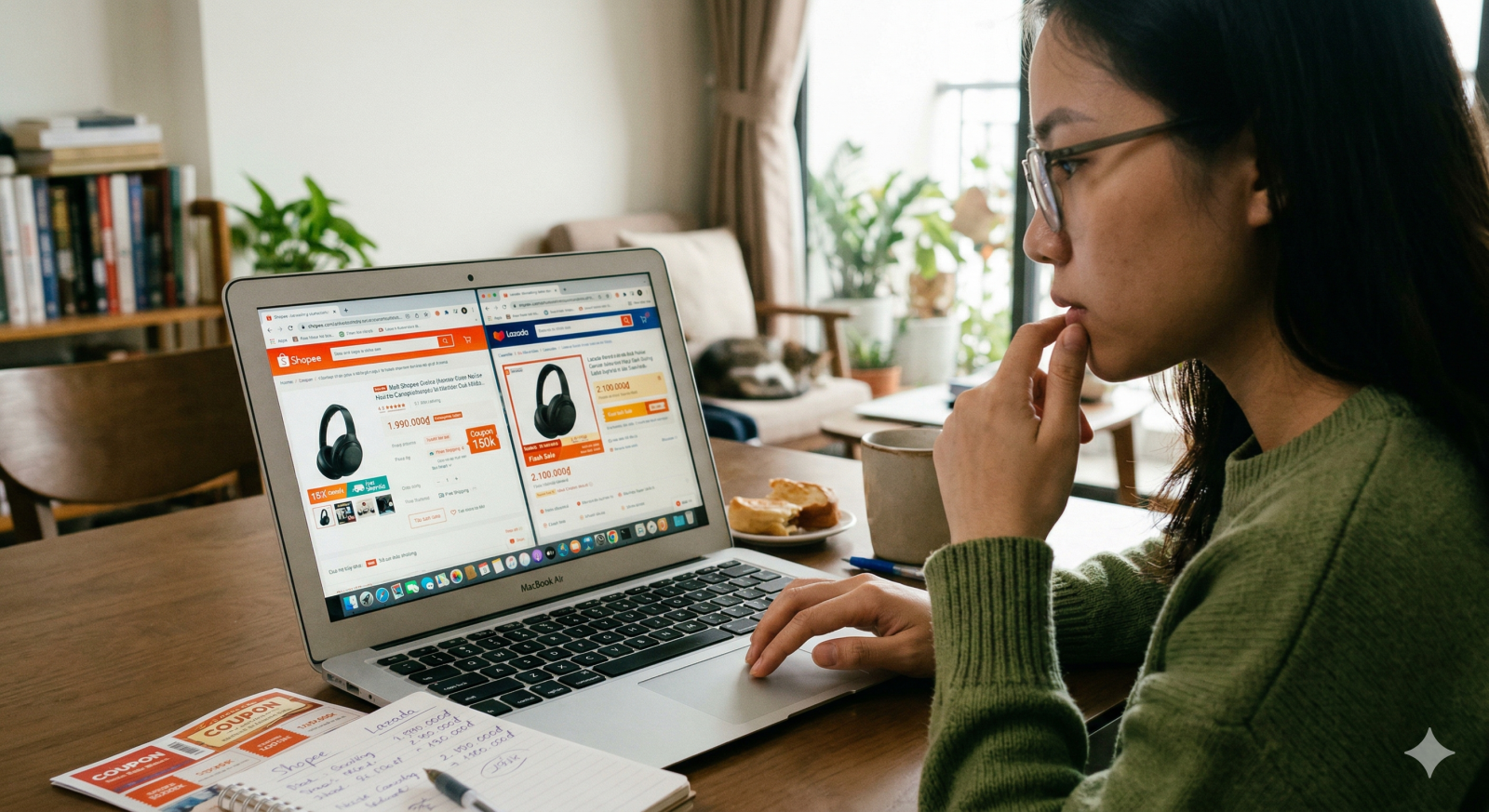 Shopper comparing product deals, prices, and coupon context across online stores on a laptop