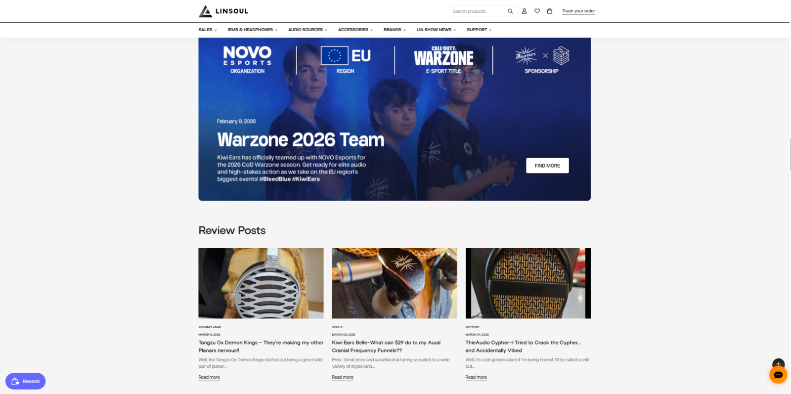 Linsoul review posts section featuring audio content and brand activity for enthusiasts