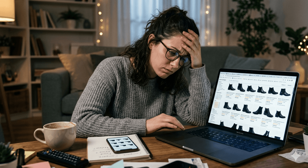 A stressed online shopper looking at multiple product options on a laptop, feeling overwhelmed while trying to decide what to buy