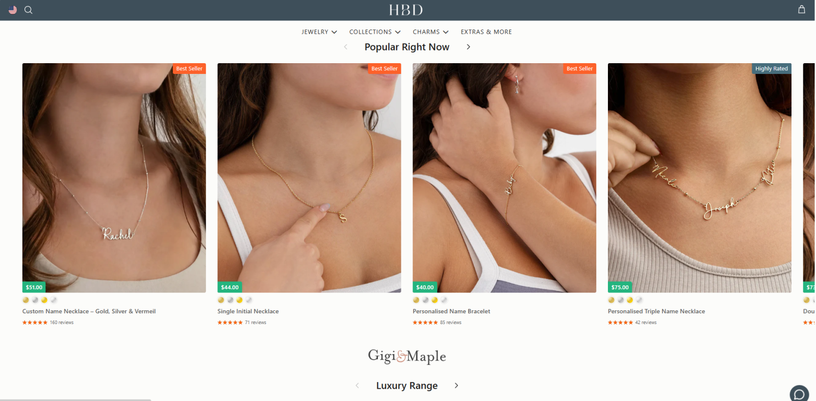 HBD Jewellery popular right now best seller personalised name necklace and initial jewellery