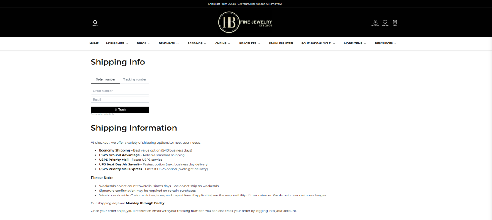 Harlembling shipping information page with tracking and delivery options