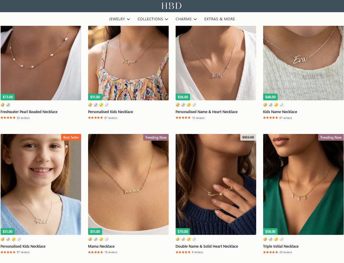 HBD personalised jewellery homepage showing gift routes for mums, daughters, sisters, and other relationship-led necklace styles