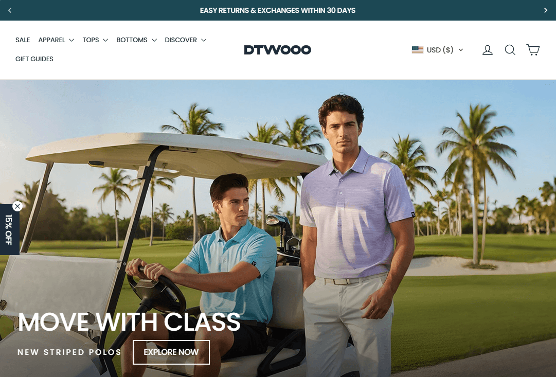 DTWOOO homepage hero banner showing striped golf polos, easy returns within 30 days, and golf apparel storefront navigation