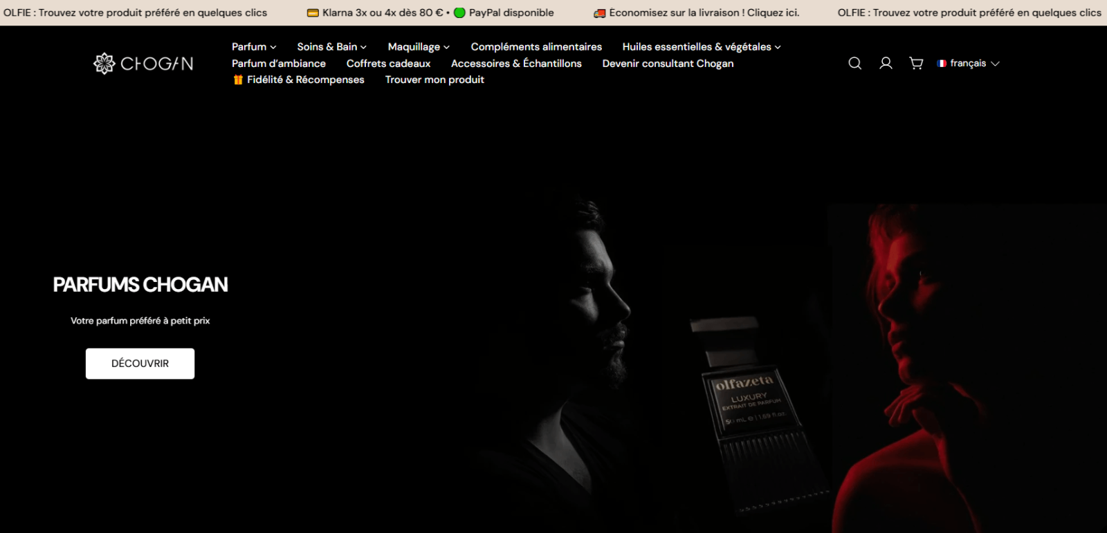 Oriana Cosmetic homepage showing Chogan fragrance banner category menu and visible payment options
