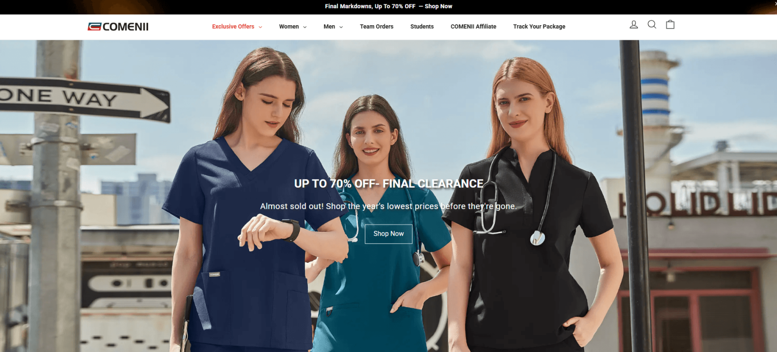 COMENII homepage showing scrub workwear hero banner navigation menu and final clearance offer