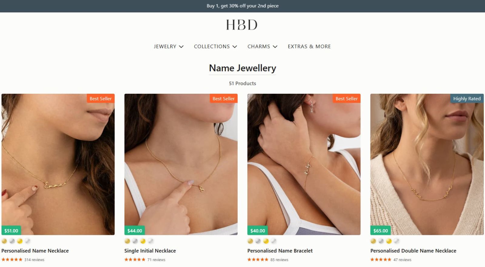 HBD Name Jewellery collection page showing bestselling personalised necklaces and multiple giftable styles