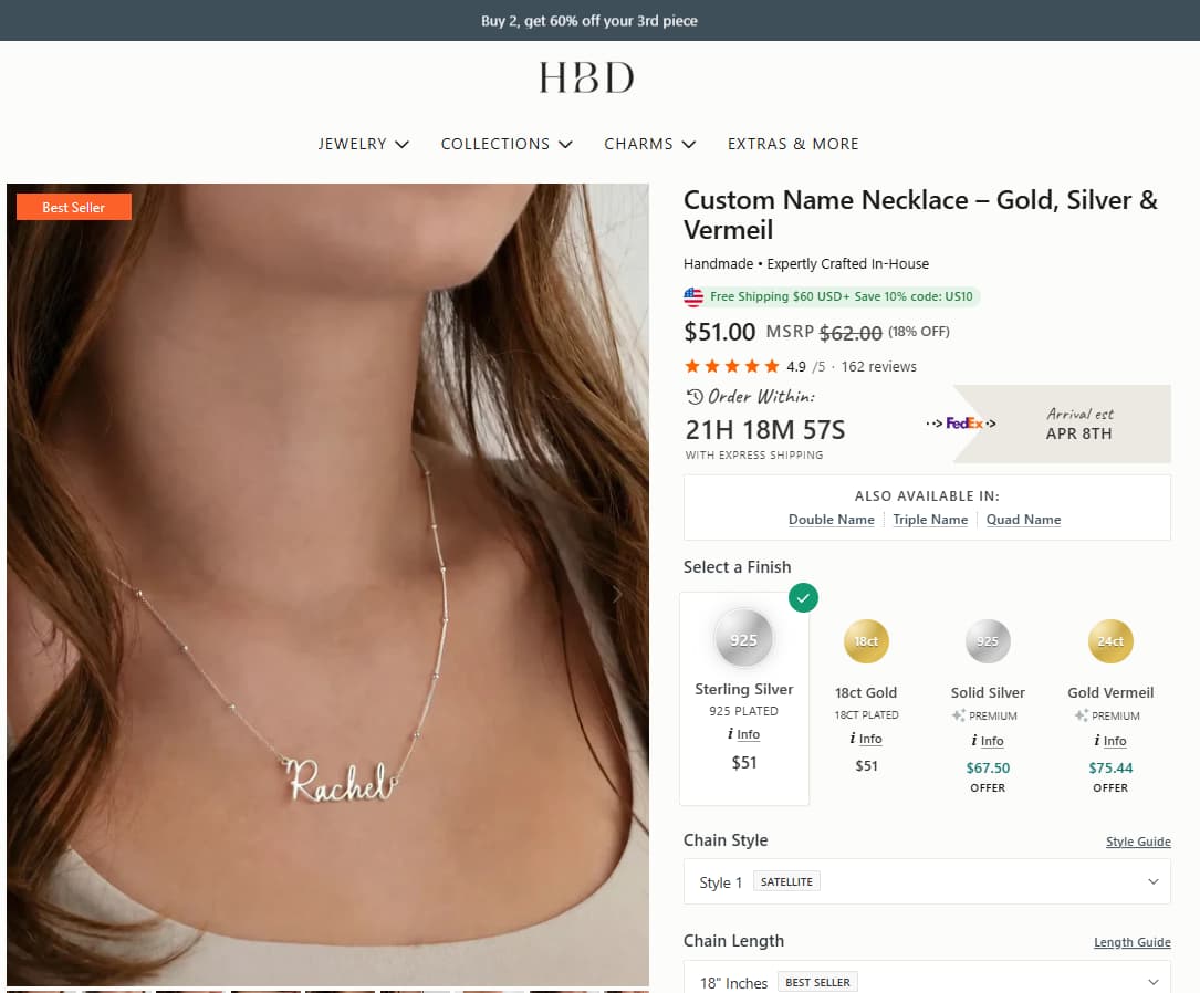 HBD Custom Name Necklace product page showing price, reviews, finish options, and personalised necklace details