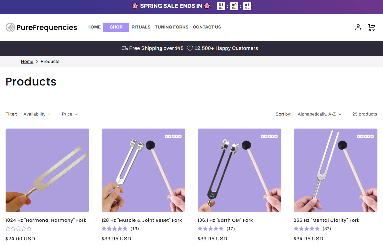 Pure Frequencies product collection page showing tuning fork categories, prices, and featured products