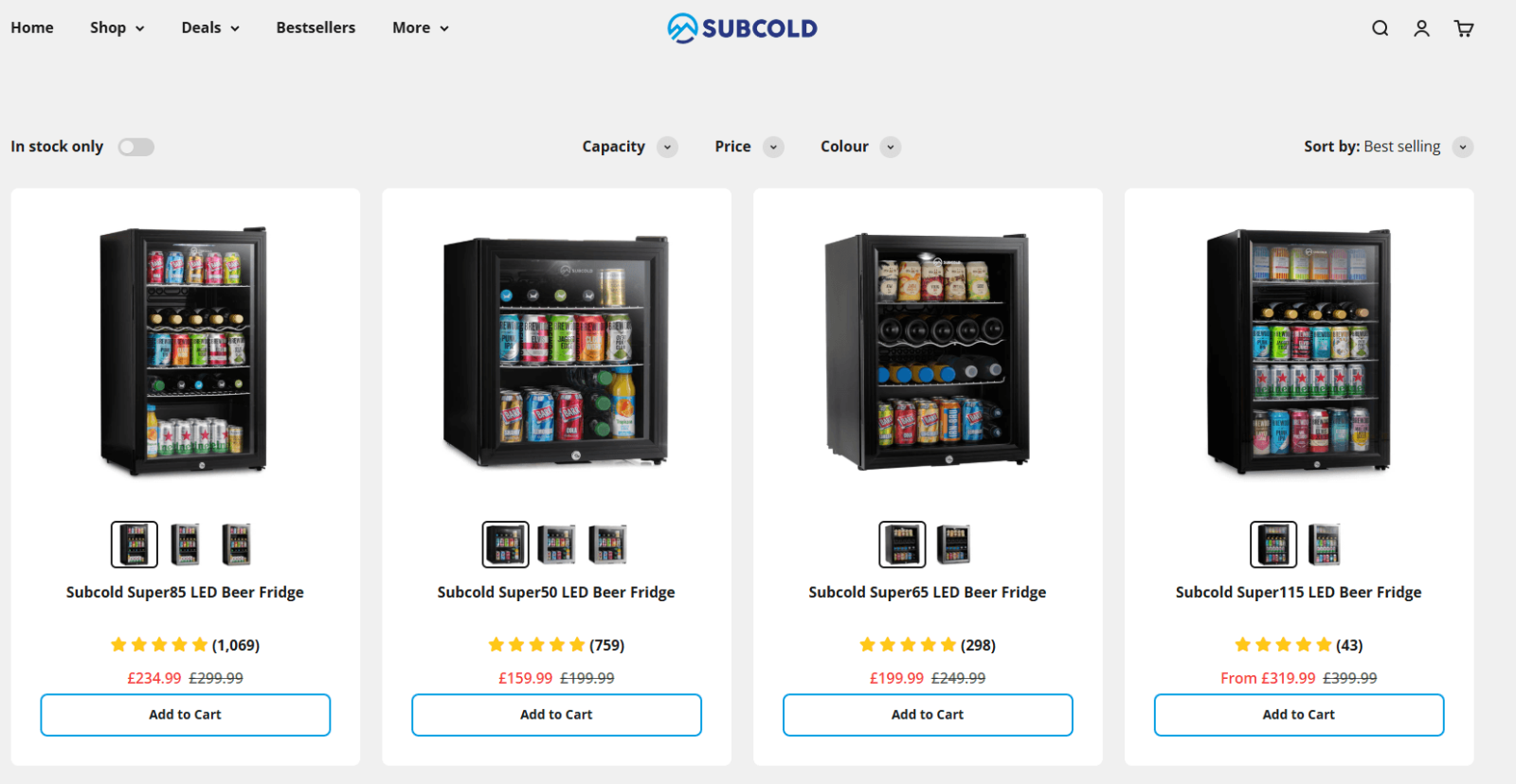 Subcold beer fridges collection page showing multiple fridge models, sale prices, ratings, and product listings