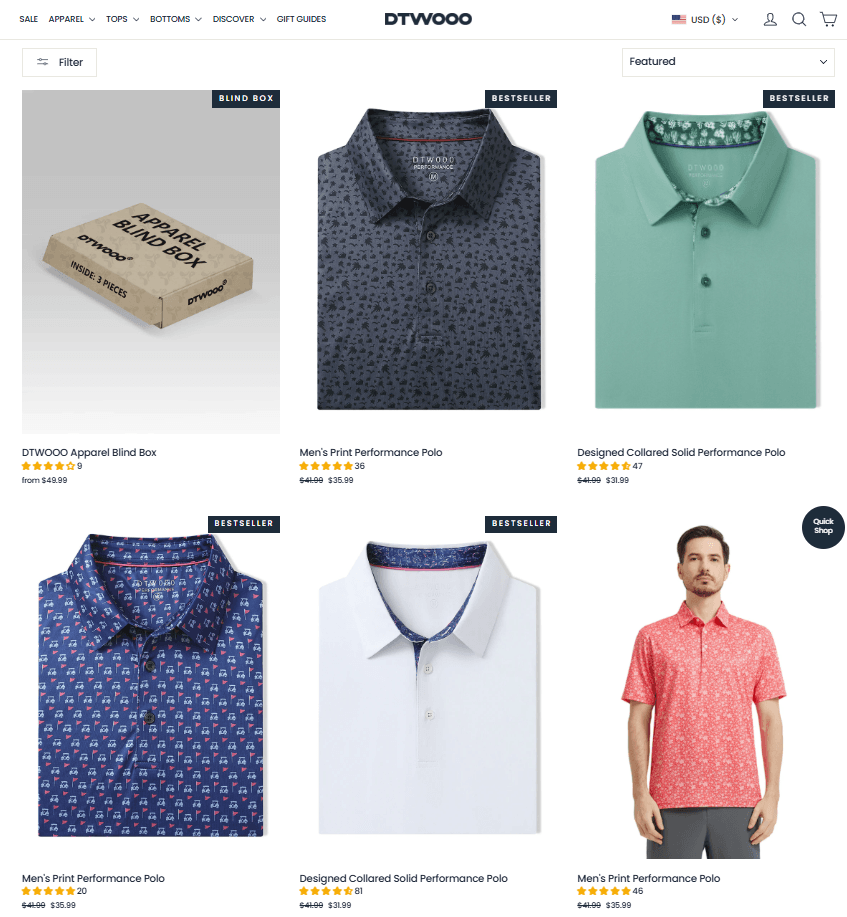 DTWOOO polos collection page showing bestselling performance polos, sale prices, ratings, and product listings