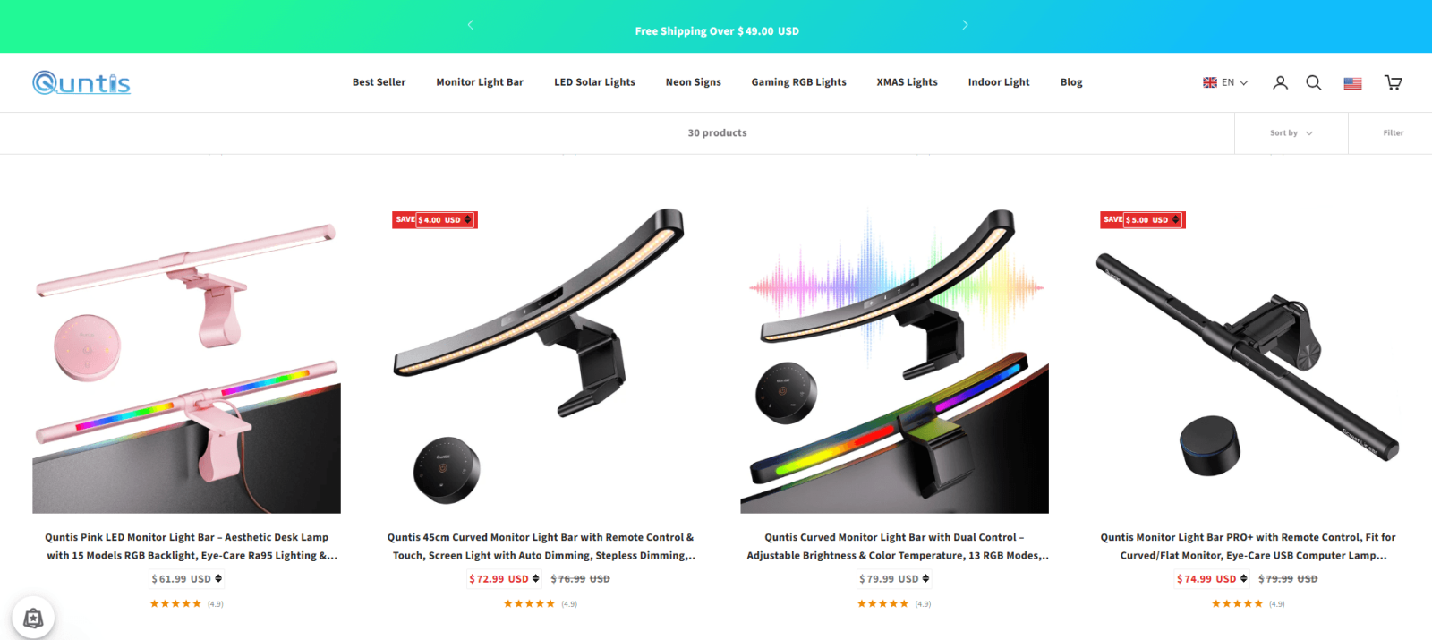 Quntis monitor light bar collection page showing multiple products, pricing, and visible product ratings