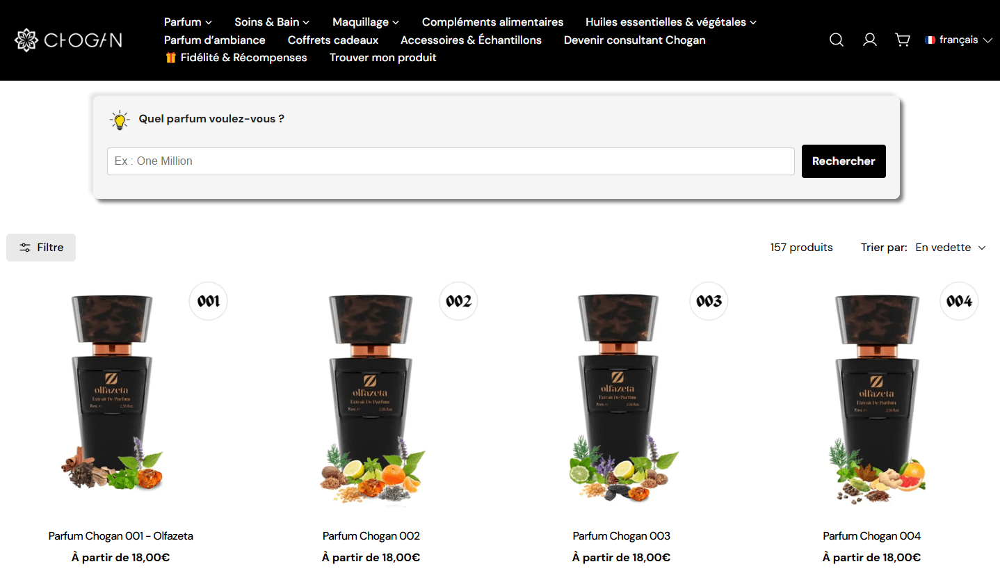 Oriana Cosmetic Chogan fragrance collection page showing 157 products filters and visible entry pricing