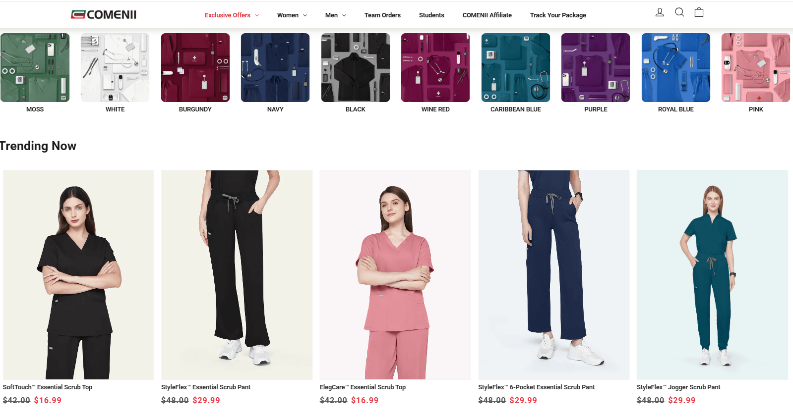 COMENII trending scrub products showing color options product thumbnails and visible markdown pricing