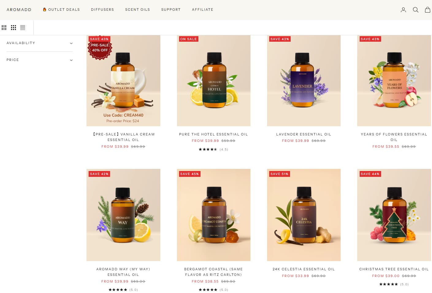 Aromadd essential oil collection page showing multiple fragrances sale badges and visible markdown pricing