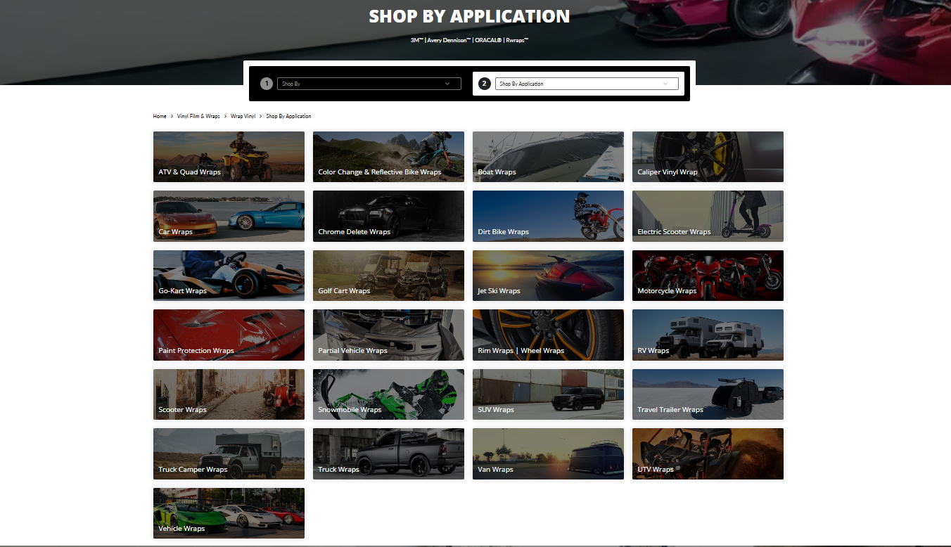Rvinyl Shop By Application page showing wrap categories such as car wraps, chrome delete wraps, motorcycle wraps, RV wraps, SUV wraps, and paint protection wraps.
