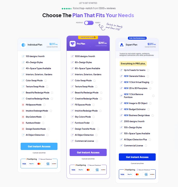 HomeDesigns.ai pricing plans 2026