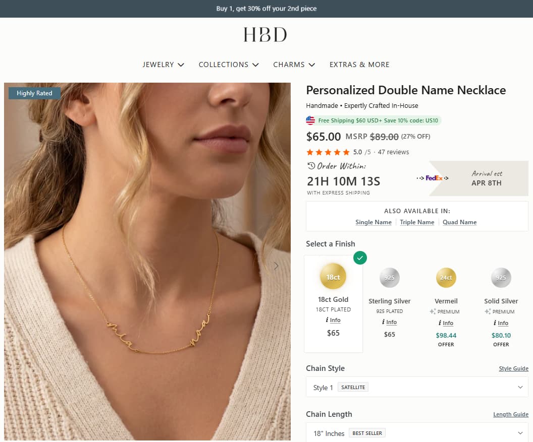 HBD Personalised Double Name Necklace product page showing current price, review rating, finish options, and product details