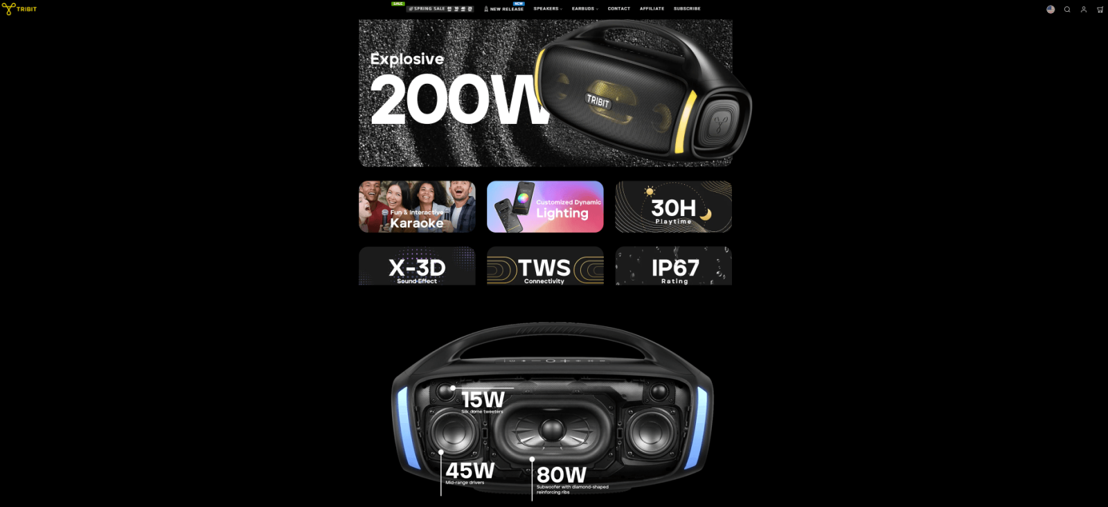 Tribit StormBox Blast 2 banner highlighting 200W portable speaker performance