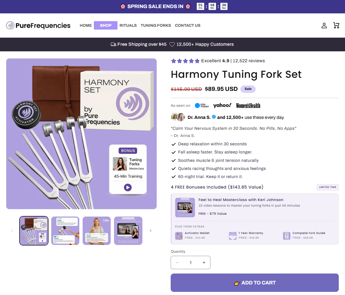 Pure Frequencies Harmony Tuning Fork Set product page showing sale price, customer reviews, and bonus offers