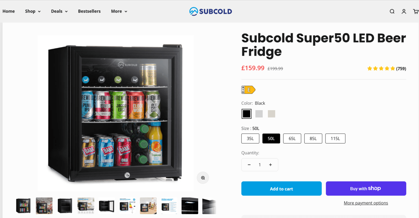 Subcold Super50 LED Beer Fridge product page showing sale price, customer rating, size options, and product details