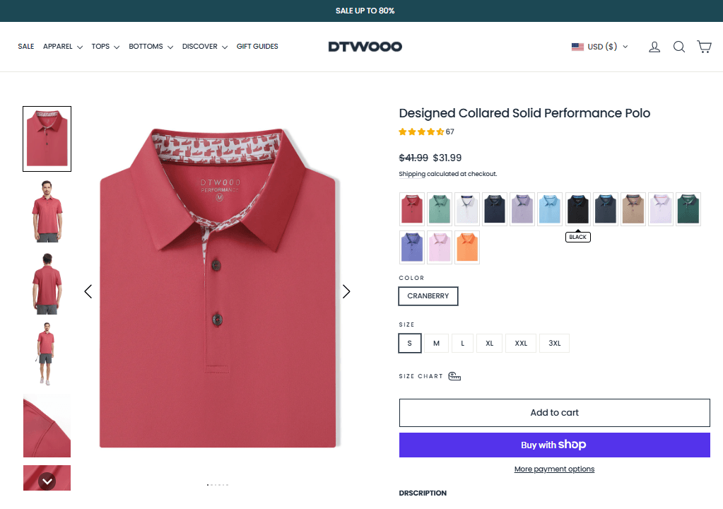 DTWOOO Designed Collared Solid Performance Polo product page showing sale price, reviews, color options, and size selection