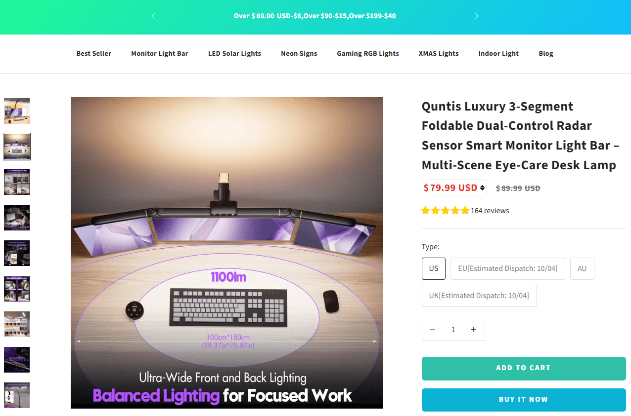 Quntis luxury 3-segment monitor light bar product page showing sale price and customer reviews