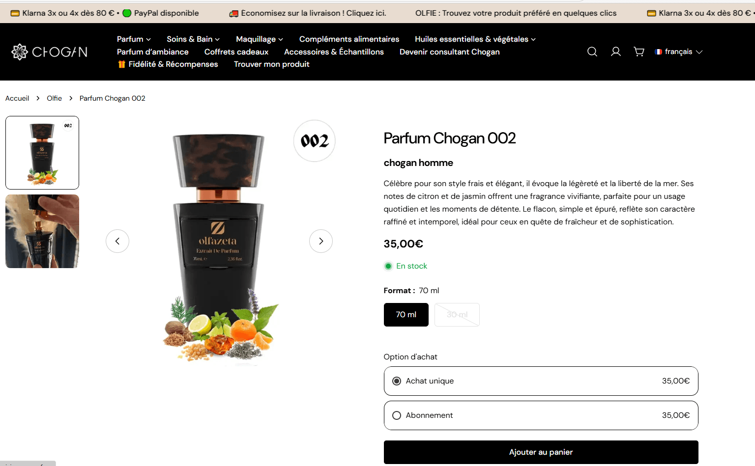 Oriana Cosmetic Parfum Chogan 002 product page showing price stock status and purchase options