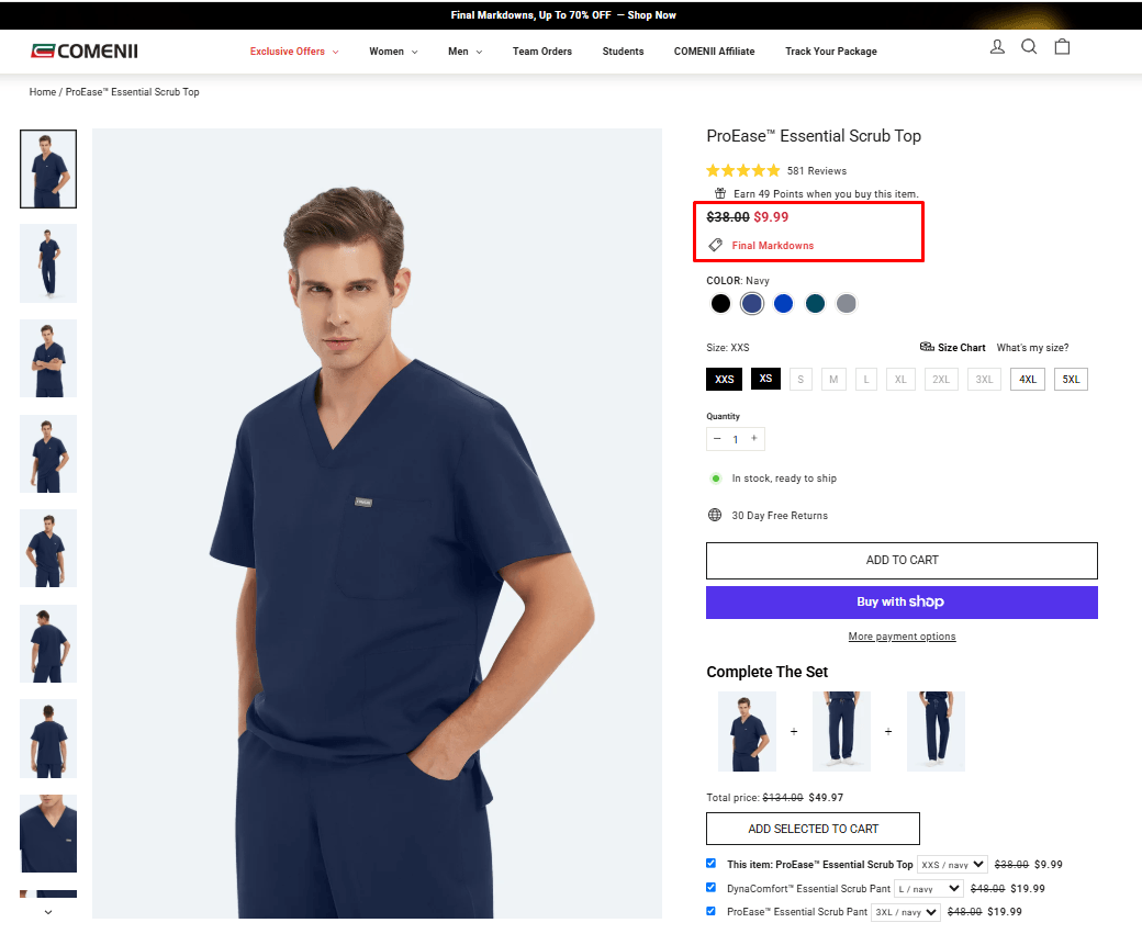 COMENII ProEase essential scrub top product page showing markdown price reviews stock and returns information