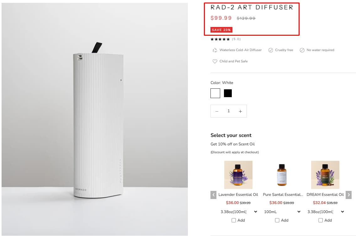 Popular Products Worth Checking  For first-time shoppers, one of the clearest starting points is the diffuser side of the store.  The homepage visibly surfaces several diffuser options with sale pricing, including the Rad-2 Art Diffuser at $99.99 from $129.99, the U5 Smart HVAC Essential Oil Diffuser at $169.99 from $199.99, the D-Air Pro Dual Nozzles Scent Diffuser at $99.96 from $199.99, and the B-Air Smart Tower Essential Oil Diffuser at $109.99 from $139.99.  The essential oil collection also gives shoppers some easy entry points, with products such as Pure The Hotel Essential Oil from $39.99 from $59.99, Lavender Essential Oil from $39.99 from $69.99, and 24K CELESTIA Essential Oil from $33.99 from $69.90. That helps show that Aromadd is not only selling hardware; it is also building value through the oil side of the store.